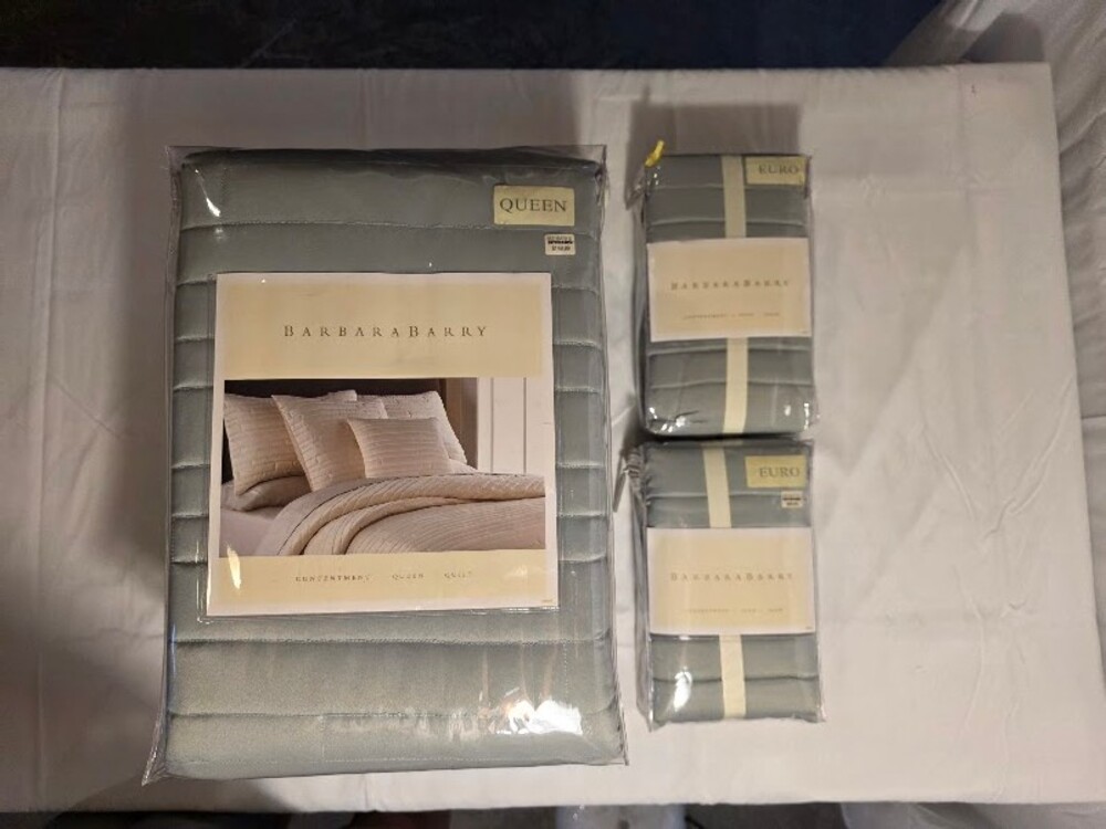 Barbara Barry Queen Quilt with Euro Shams Light Blue Bedding Set - Mint Green